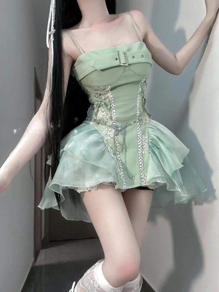 Summer Sweet Lace Sleeveless Dress Women Ruffle Cute Skinny Backless Dresses Female Strappy Kawaii A Line Party Beach Clothing