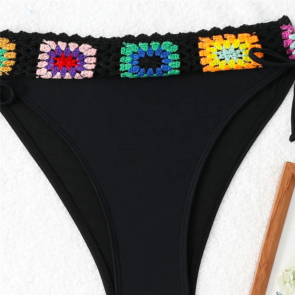 Black Thong Micro Knitted Crochet Bikini 2025 String Halter Swimwear Sexy Swimsuit Women Lace-up Bathing Suit Black Bikinis Sets