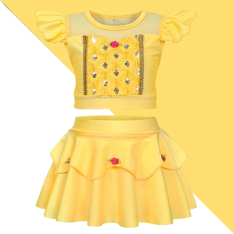2025 Girls Two Piece Swimsuit Anna Elsa Belle Swimwear Princess Bodysuit Swimwear for Girls Childrens Bikini Beachwear Clothes