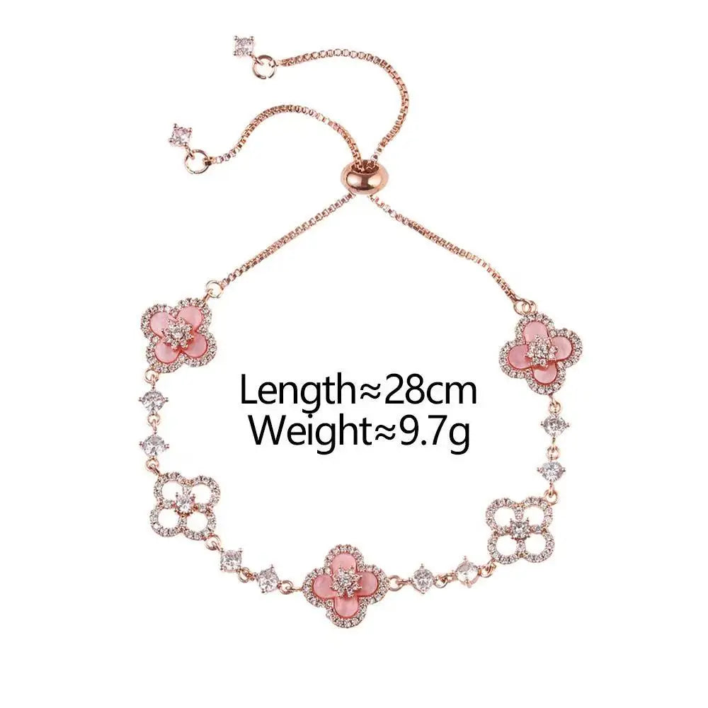 Qimeng Sweet Cherry" Vintage Pink Mother-of-Pearl Four-Leaf Clover Bracelet with Micro-Zirconia Inlay and Cutout Design