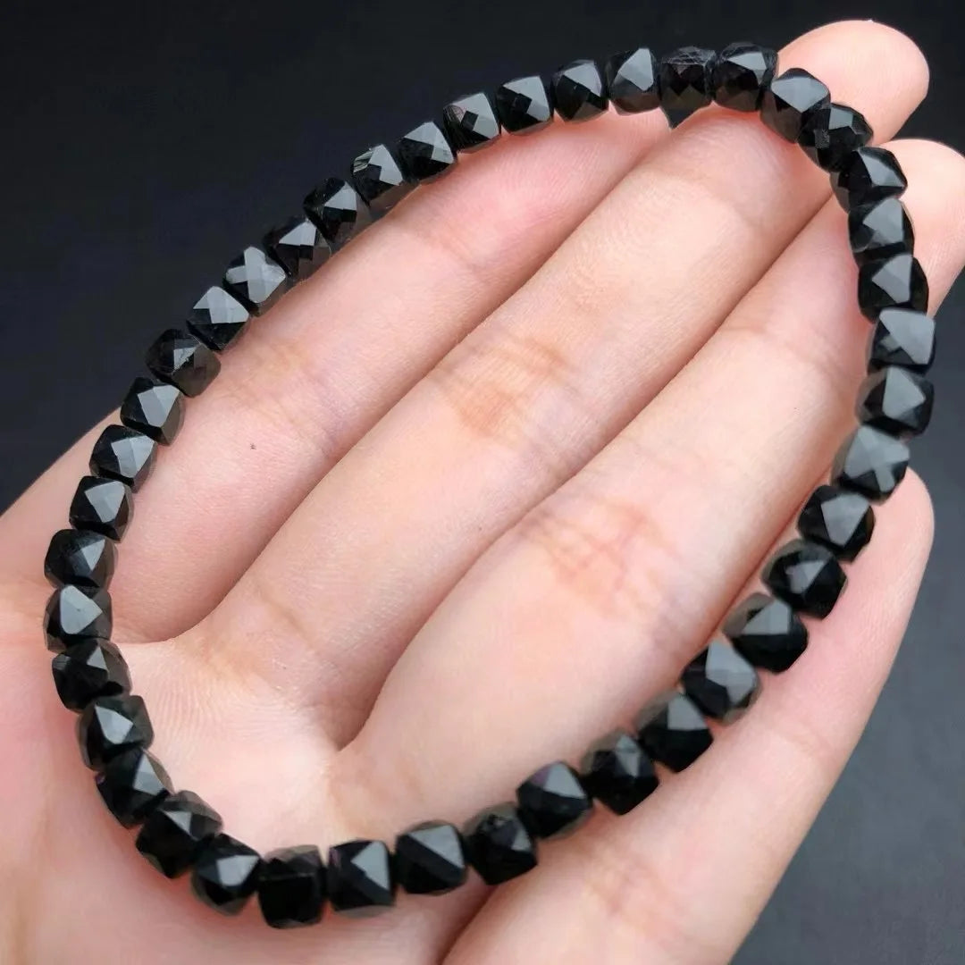 1 Pc Fengbaowu Natural Black Tourmaline Bracelet Faceted Cube Beads Reiki Healing Stone Jewelry Gift Women Men