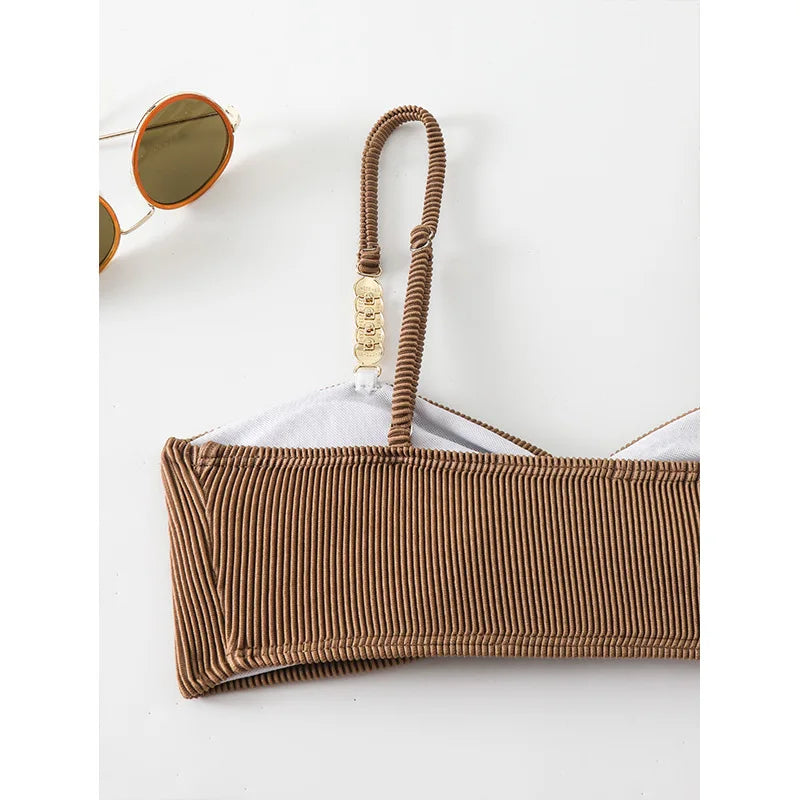 Sexy Micro Bikinis Sets Two Pieces Swimsuit Brown Swimwear Female Thong Brazilian Biquini Bandeau Ribbed Beach Wear Bathing Suit