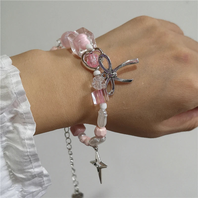 Gothic Vintage Kawaii Bowknot Star Moon Pink Heart Y2k Beads Beaded Bracelet For Girl Y2k EMO 90s Aesthetic Jewelry Accessories