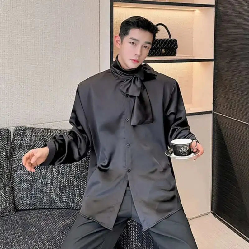 IEFB Korean Fashion Men's Shirt Bow Tie Design Loose Simple Fresh Long Sleeve Casual 2024 Spring Solid Color Male Tops 9C5081