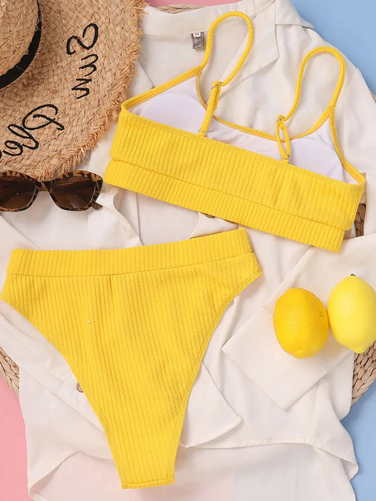Sexy High Waist Bikinis Set Women Textured Swimsuit Woman 2025 Solid biquinis