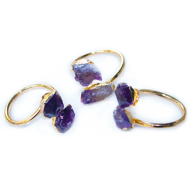 Irregular Amethyst Rough Stone Open Ring Golden Handmade Finger Jewelry Adjustable Size