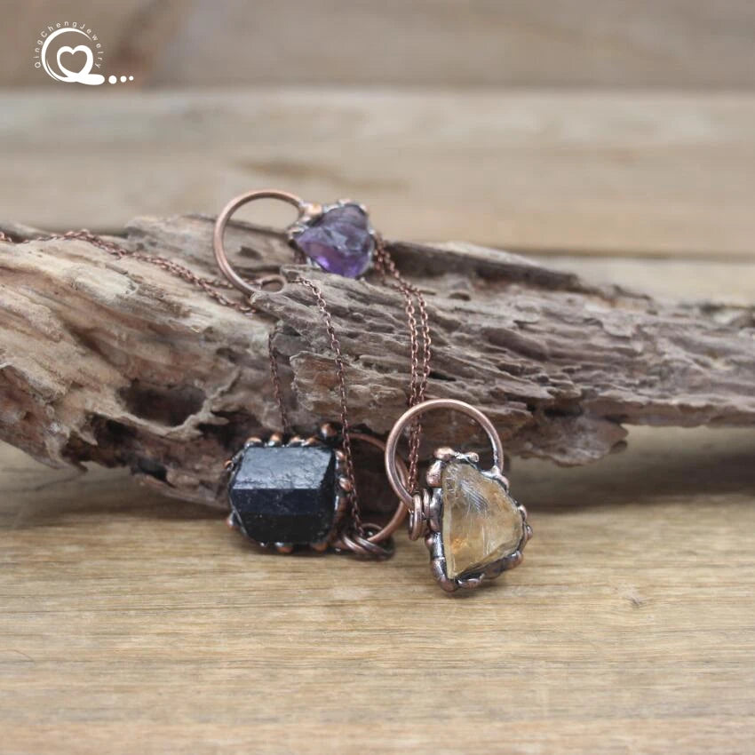 Raw Black Tourmaline Citrines Antique Copper Hoop Pendants Necklace,Healing Energy Ore Amethysts Meditation Retro Jewelry,QC3043