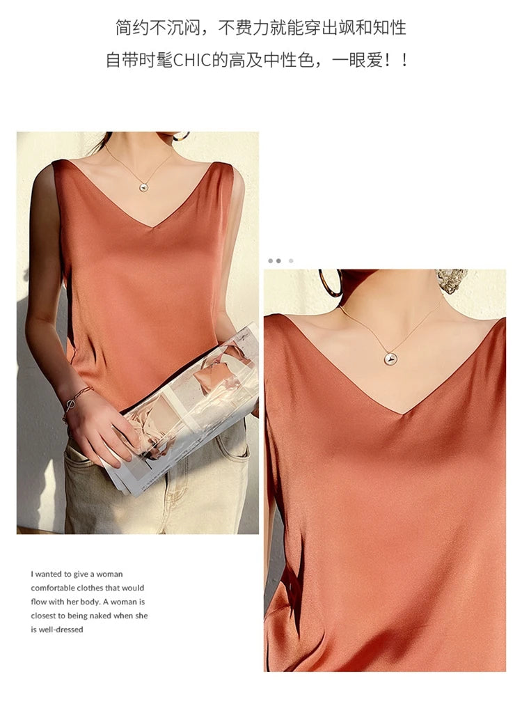 Women's New Four Seasons Inner Wear Silk Suspenders 2022 V-Neck Solid All-Match Satin Vest Soft Loose Thin Lady Sleeveless Tops