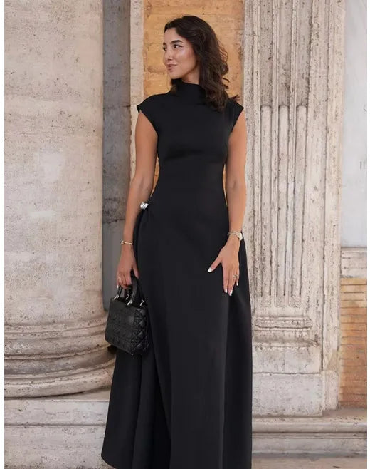 Vintage Brown Long Dress Women's Elegant Loose Diagonal Neck Black Metal Buckle Maxi Dresses Female 2025 Summer Evening Party