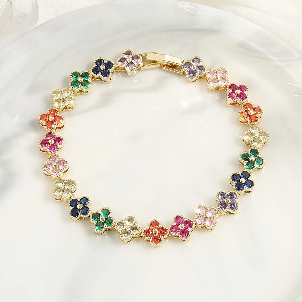 UILZ 1pc Rainbow Colorful Clover Zircon Bracelet Fashion Charm Gorgeous Charm Exquisite Cute Sweet Shining Crystal Jewelry Gift