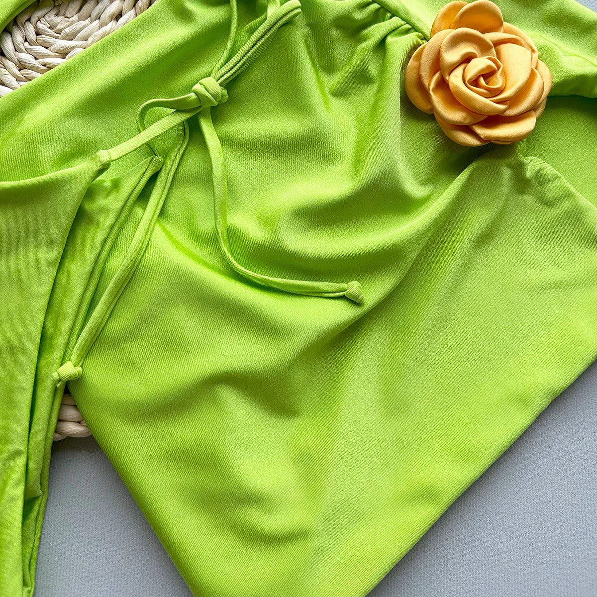 Sexy Green 3D Floral Bikinis Sets Women Halter Push Up Pleate Skirt 3 Piece Swimsuit 2025 Beach Bathing Suit Thong Swimwear