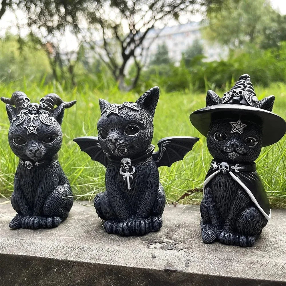 1PC Black Cat Statue Witch Gothic Decor Hand Painted Sculpture Halloween Desk Ornament Mysterious Cute Figurine Home Decor