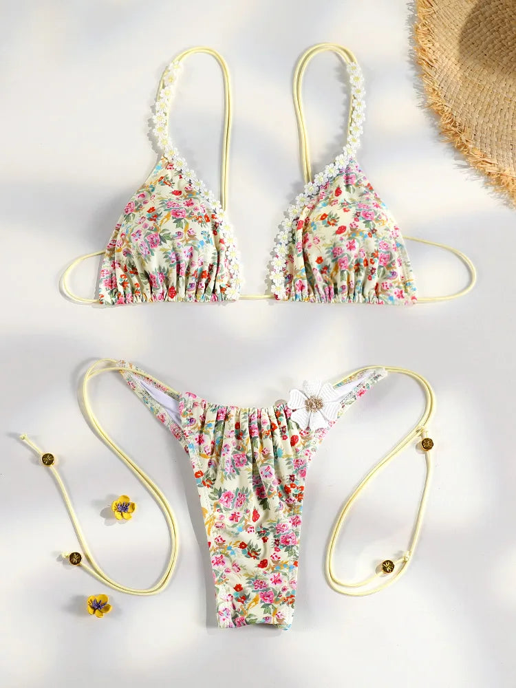 Triangle Bikini Set Sexy Swimwear Women 2025 Bikinis Floral Print Swimsuit Micro Thong Bandage Bathing Suits