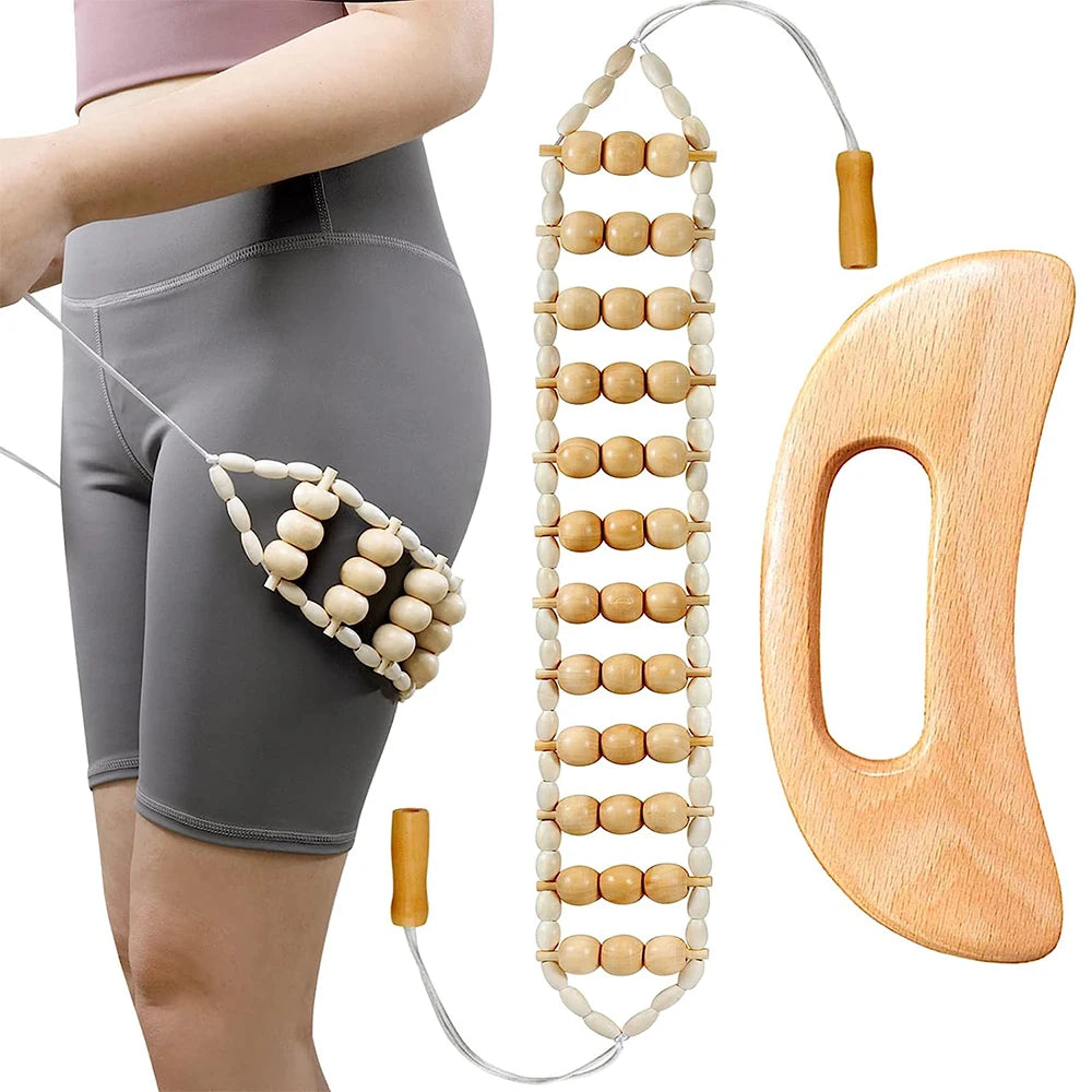 Wood Therapy Massage Tools Handmade Wood Back Massage Roller Rope Tool, Maderoterapia Kit Body Sculpting Tools for Relax Muscles