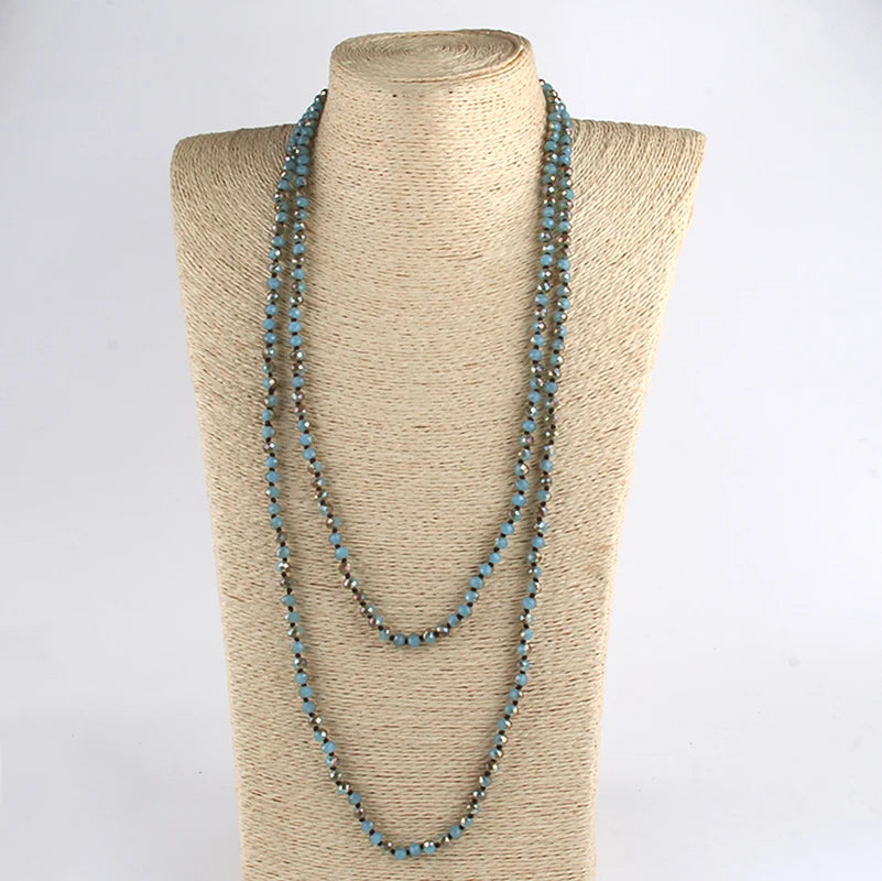 Fashion Bohemian Tribal Jewelry 6mm Crystal Long knotted Glass Crystal Necklace