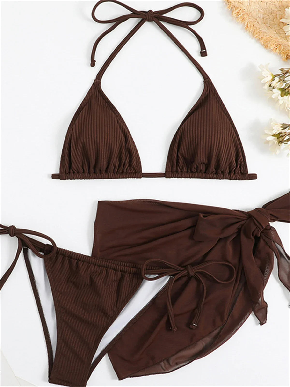 Sexy Solid Brown Bikinis Set Women Ribbed Halter Push Up Mesh Skirt Swimsuit 2024 Mujer Brazilian Bathing Suit Cover Up Swimwear