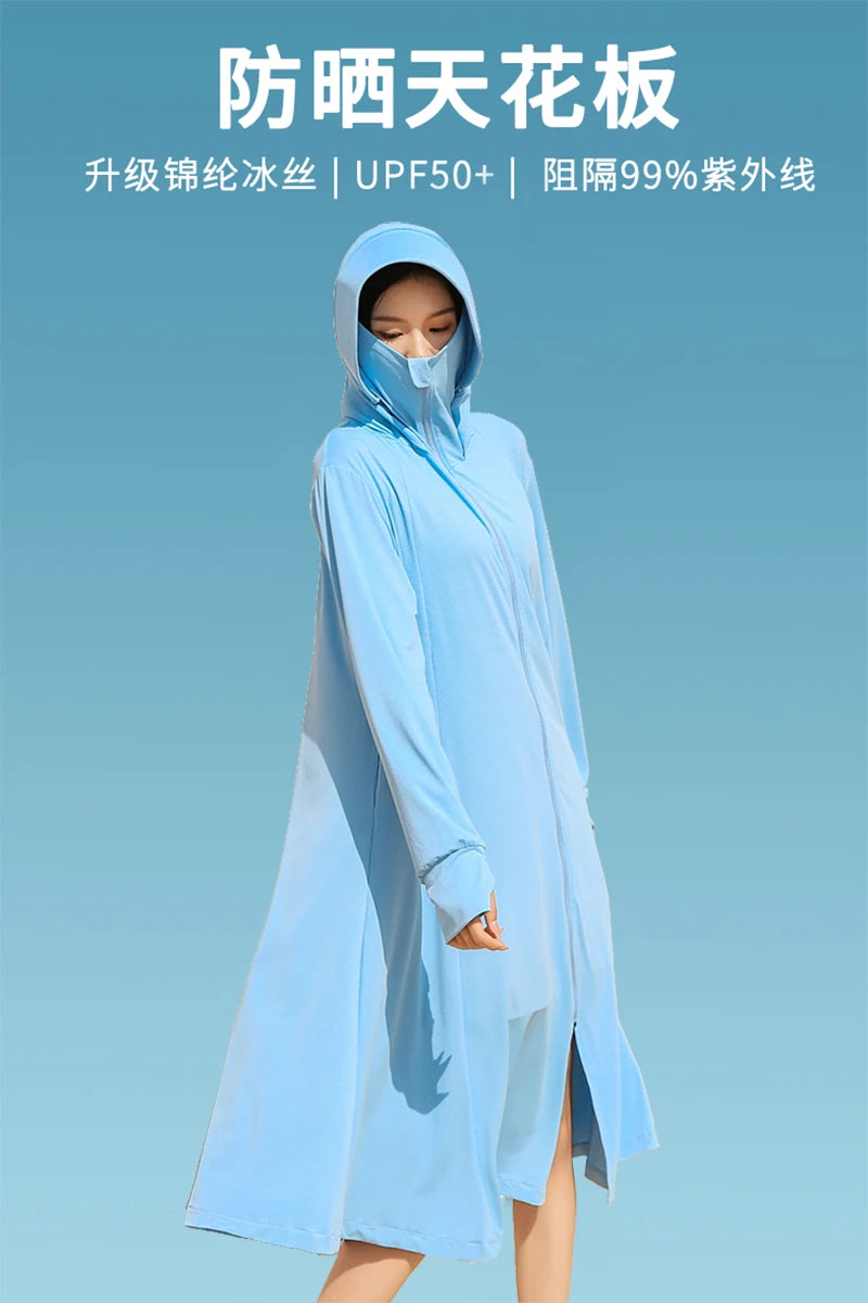 Sunscreen Sun Protection Long Coat Hooded Washable Ruffles Adjustable Waist Beach Anti-UV Dress For Women UPF50+ Long Coat 5XL