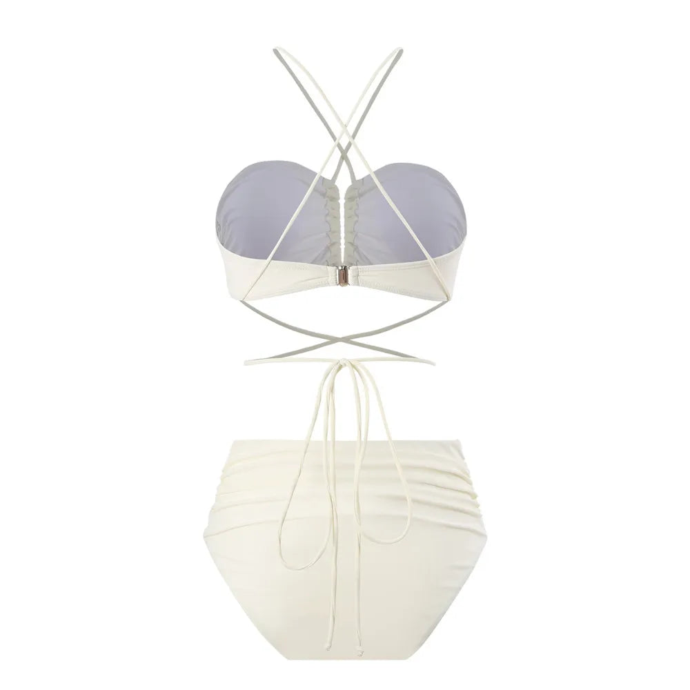 Sexy Red 3D Flower Swimwear Halter Bandeau Bikinis Sets High Wiast Swimsuit 2025 Women Ruched Bathing Suit Bikini Mujer Bather