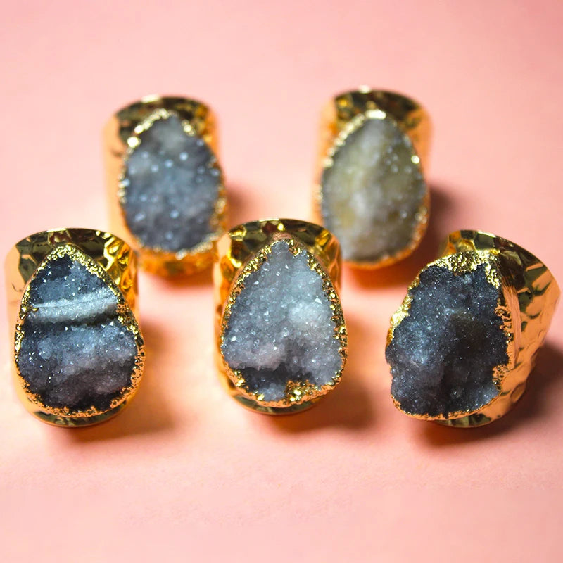 Elegant Crystal  Irregular Raw Druzy Stone Ring Gold Plated Boho Wide Open Finger Jewelry for Women Men Party Wedding