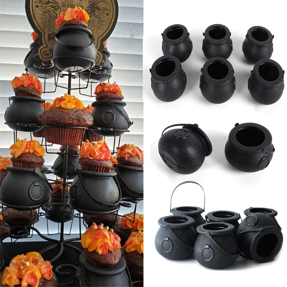 Halloween Candy Bucket Jar Trick Or Treat Black Plastic Cauldron Witch Bowls with Handle Halloween Party Decorations Props