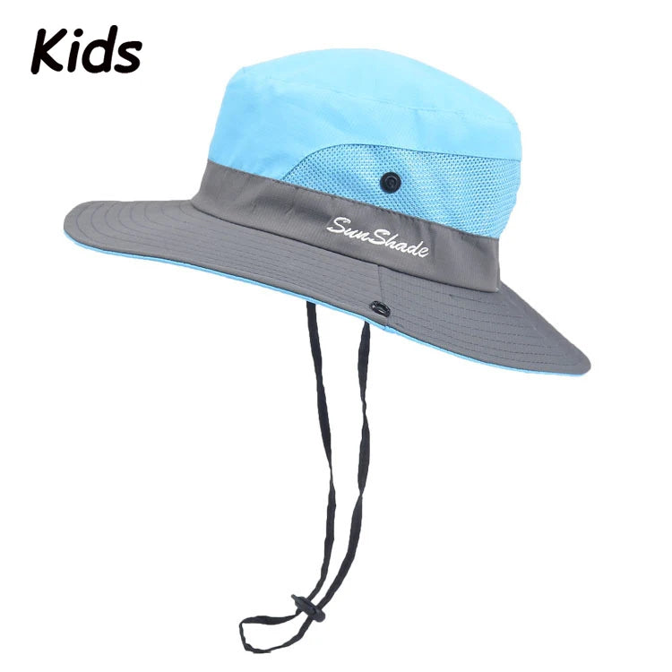 Women Summer Adjustable Bucket Hat with a Ponytail Hole Girls Sun Protection Hiking Cap Parent-child Outdoor Wide Brim Headgear