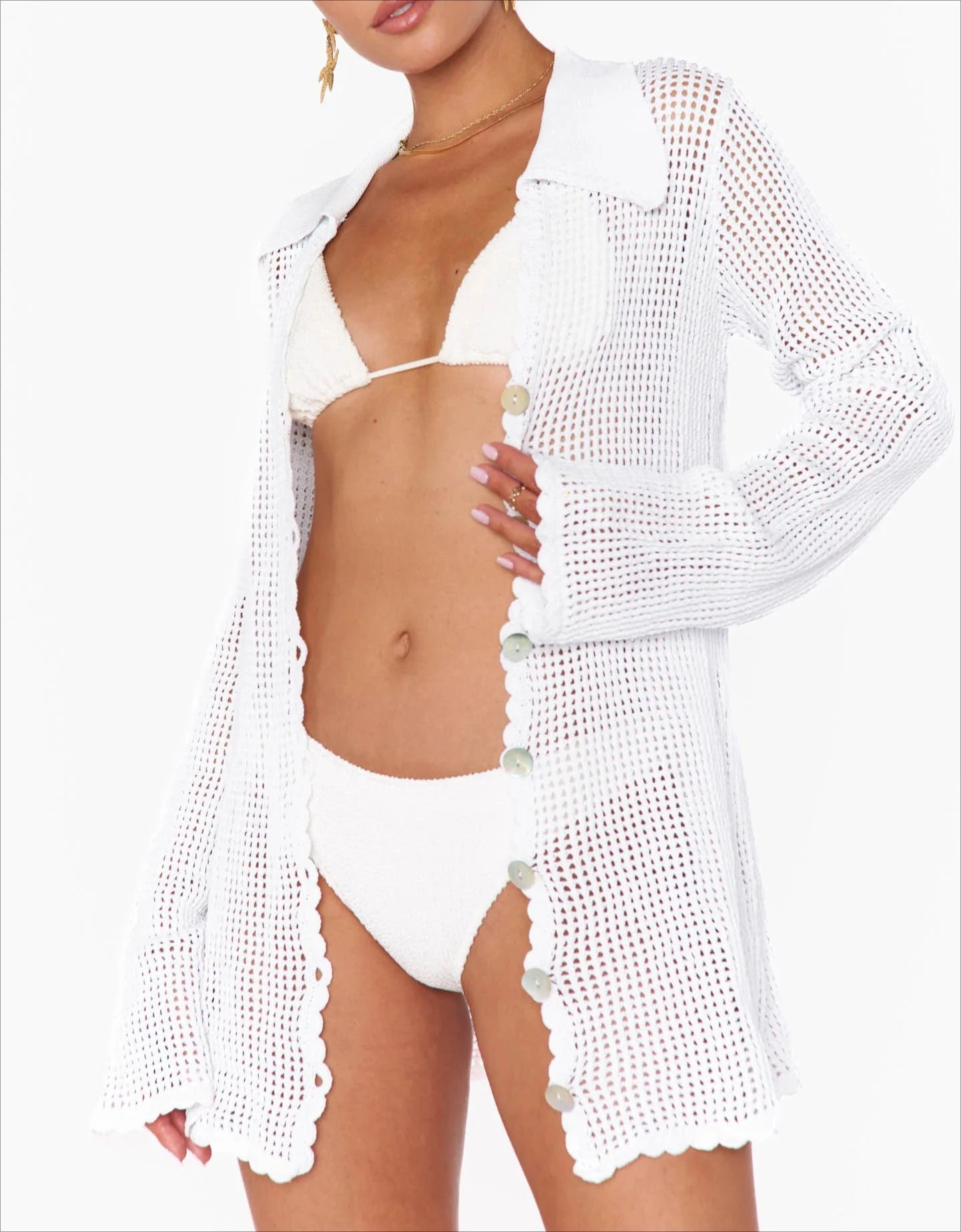2025 Summer Women's Loose V Neck Button Coverup Cardigan Sexy Knit Mesh Beach Dress Swimsuit Cover Up Casual Vacation Wear K187