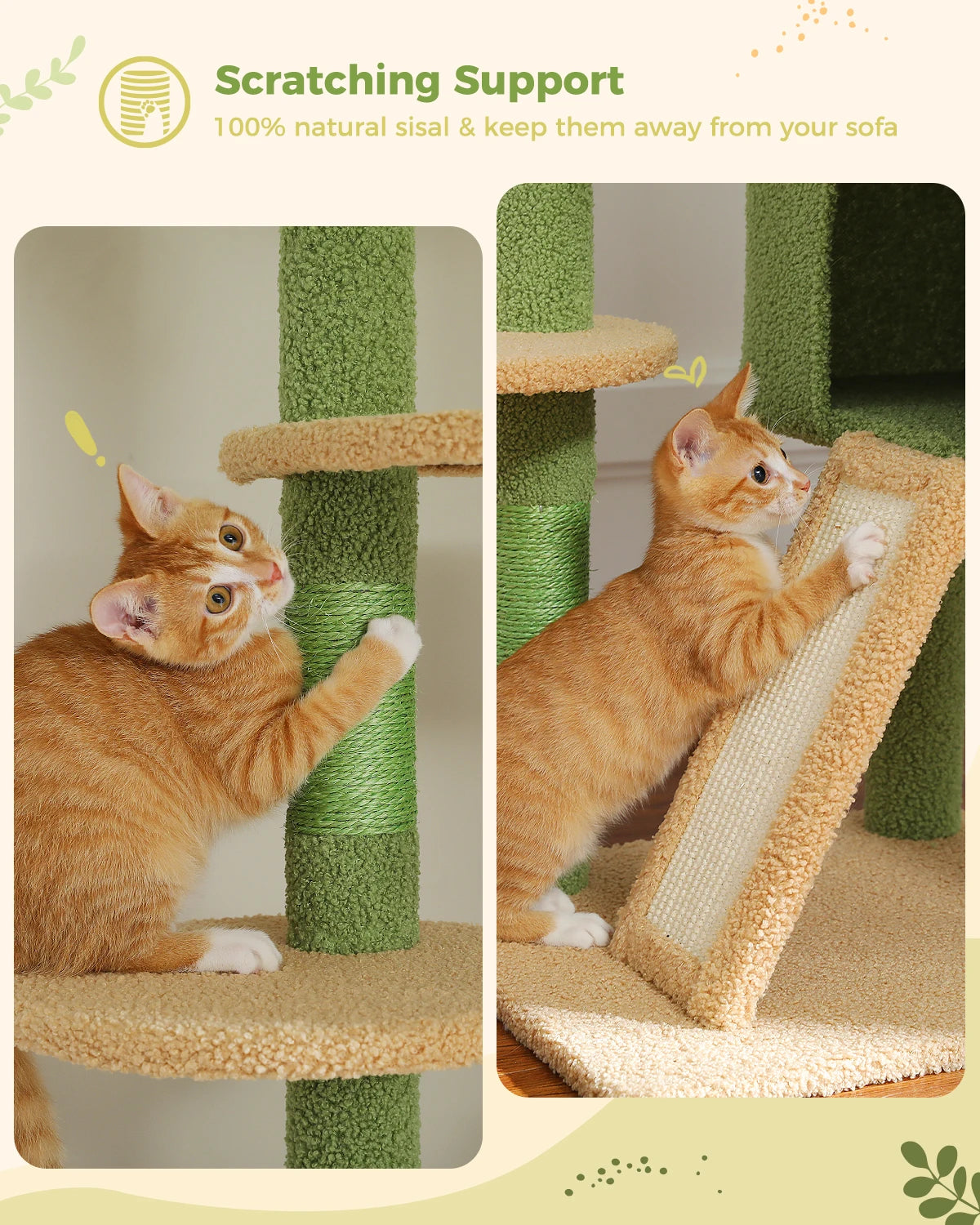 Cactus Cat Tree Floor to Ceiling Cat Tower Adjustable Height with Cat Condo Cozy Hammock and Scratching Post Tall Activity Tree