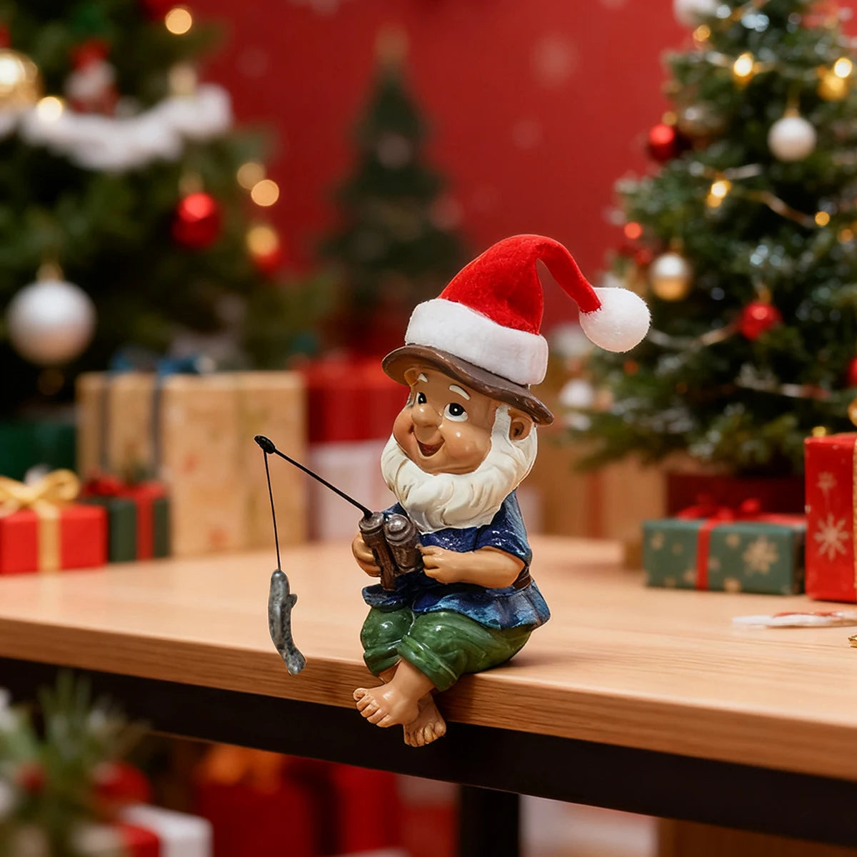 1 Christmas fishing dwarf, creative Christmas home decoration, fun Christmas hat dwarf, Christmas gift, resin crafts