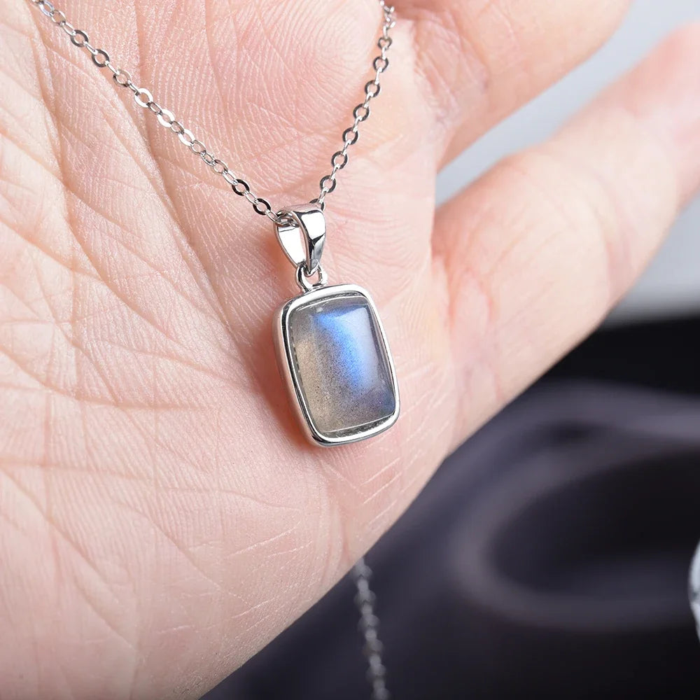 ITSMOS Natural Rainbow Moonstone Sterling Silver/Copper Pendant Necklace rectangle Energy Stone Jewelry for Women Girl Gift