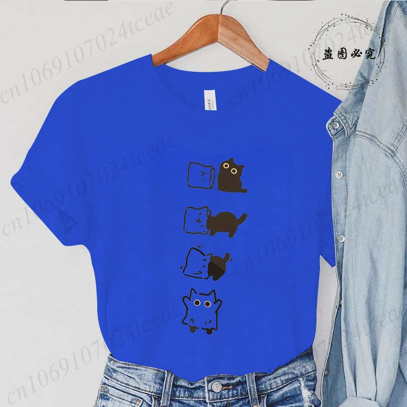 Boo Black Cat Print Women T-shirt Fashion Summer Tee Clothing Short Sleeve Harajuku Streetwear Casual Shirt Halloween Tee Tops