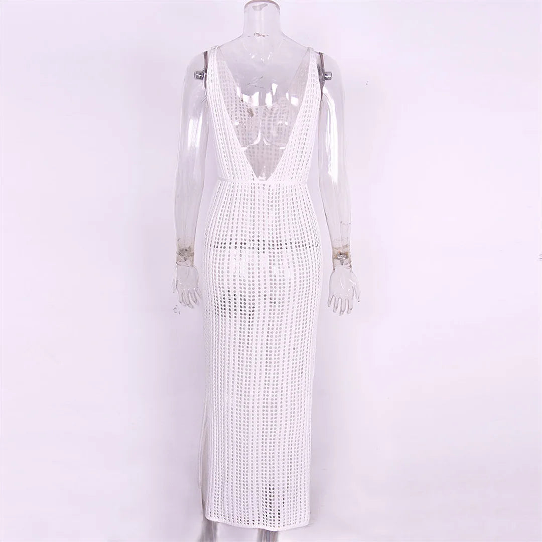 S - XL Backless Hollow out Knitted Crochet Tunic Beach Cover Up Cover-ups Beach Dress Beach Wear Beachwear Female Women V3660