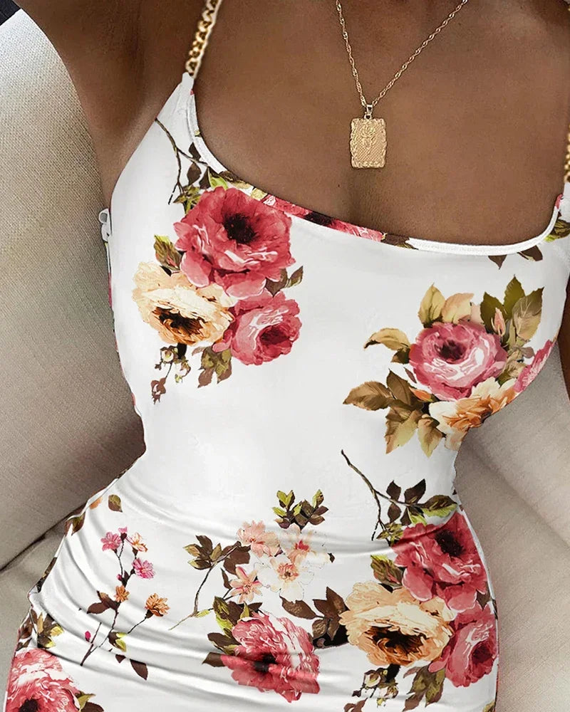 Summer New Women Floral Print Dress Chain Decor Bodycon Dress Elegant Spaghetti Strap Sexy Tight Dress