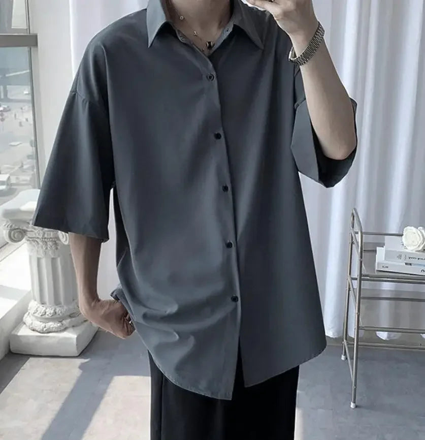 Clothes Short Sleeve Black Male Top Plain Men's Shirt And Blouse With Collar Korean Style Xxl Luxury Summer Original Silk Luxury