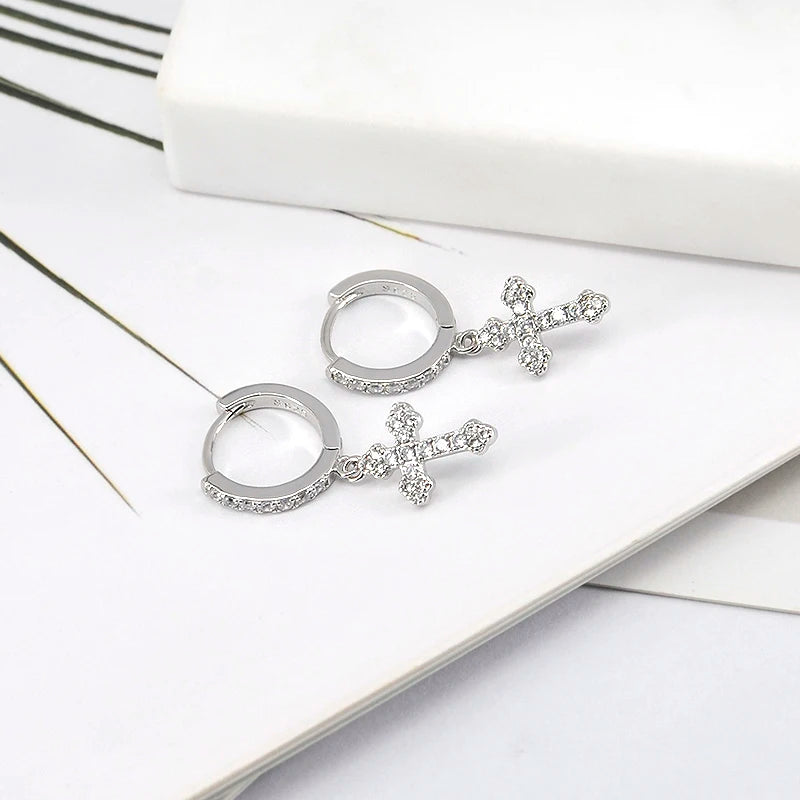 925 Sterling Silver Minimalist Jesus Cross Pendant Earrings Gold/Silver  Hoop Earrings Fashion Wedding Party Earrings Jewelry