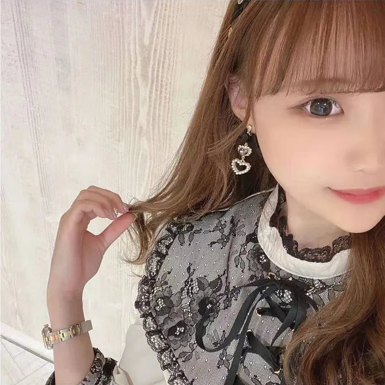 Japanese Style Lolita Sweet Bownot Rhinestone Pearl Heart Shaped Drop Earrings 925 Silver Pin Ear Clip Women Girls Earrings