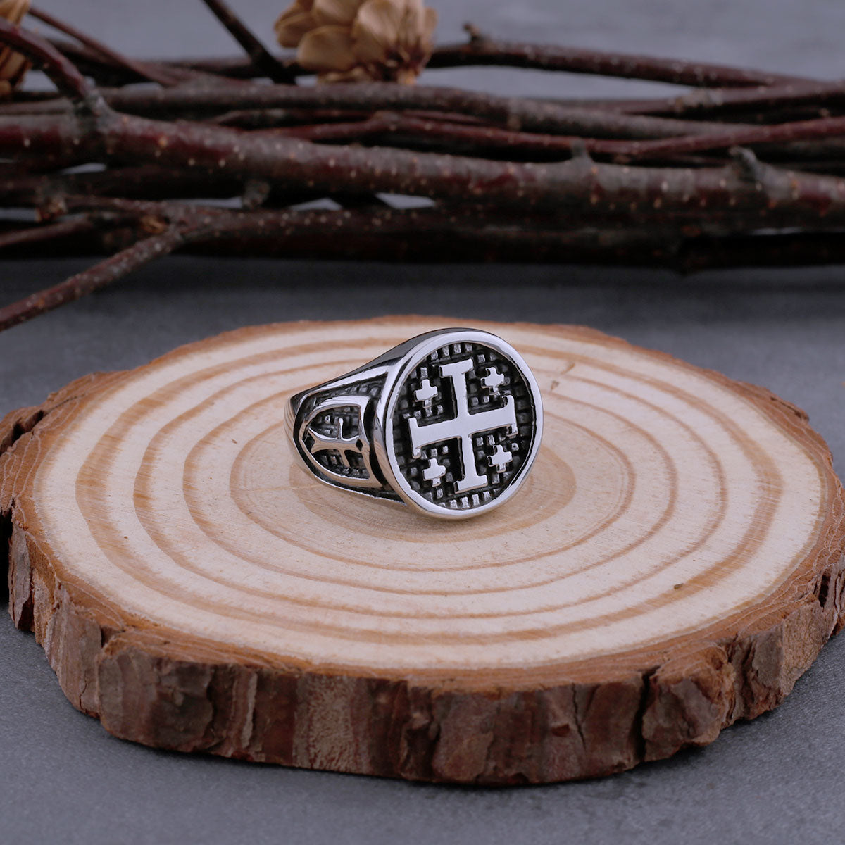 316L Stainless Steel Vintage Religious Jerusalem Cross Rings Men's Fashion Hip Hop Biker Rings Religious Jewelry Wooden Box