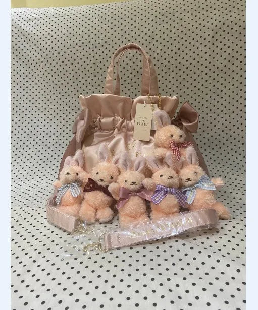 Japanese Style New Double-Sided Drawstring Bags Sweet Cute Girl Ladies Satin Bow Crossbody Shoulder Portable Handbag