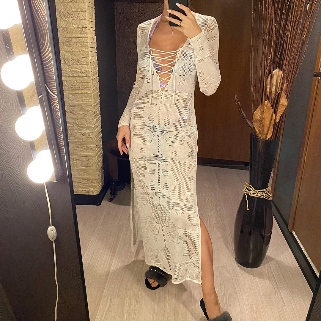 Deep V Dress Lace Up Long Sleeve Women Split Maxi Dress Crochet Knitted Tunic Mesh Sheer Sexy Bodycon Long Dress Vestido V4146B
