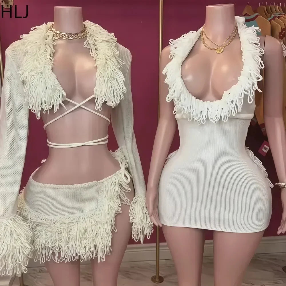HLJ Sexy Knit Tassels 2 Piece Sets Woman Outfit Long Sleeve Lace-Up Cardigan Tops + Mini Skirts Suits Female Streetwear Clothing
