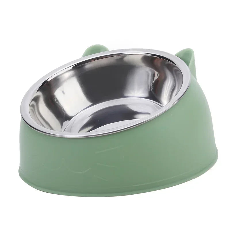 Stainless Steel Tilted Cat Food Bowl Cat Ears Design Slanted Mouth Feeder Pet Food Water Supplies Feeders Dog Bowl Cat Supplies