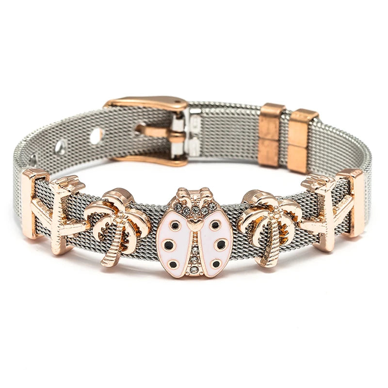 Silver Color Stainless Steel Mesh Bracelets For Women Crystal Santa Claus Beads Charm Watch Belt BraceletsBangles Christmas Gift