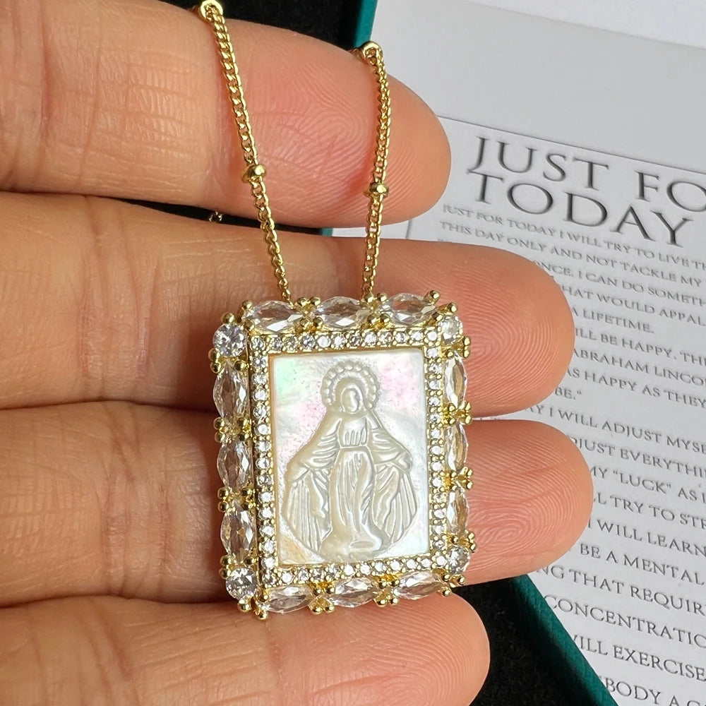 Natural Mother Pearl Shell Virgin Mary Guadalupe San Benito Charm Necklace Rectangle Religious Medals Necklace for Women & Gift