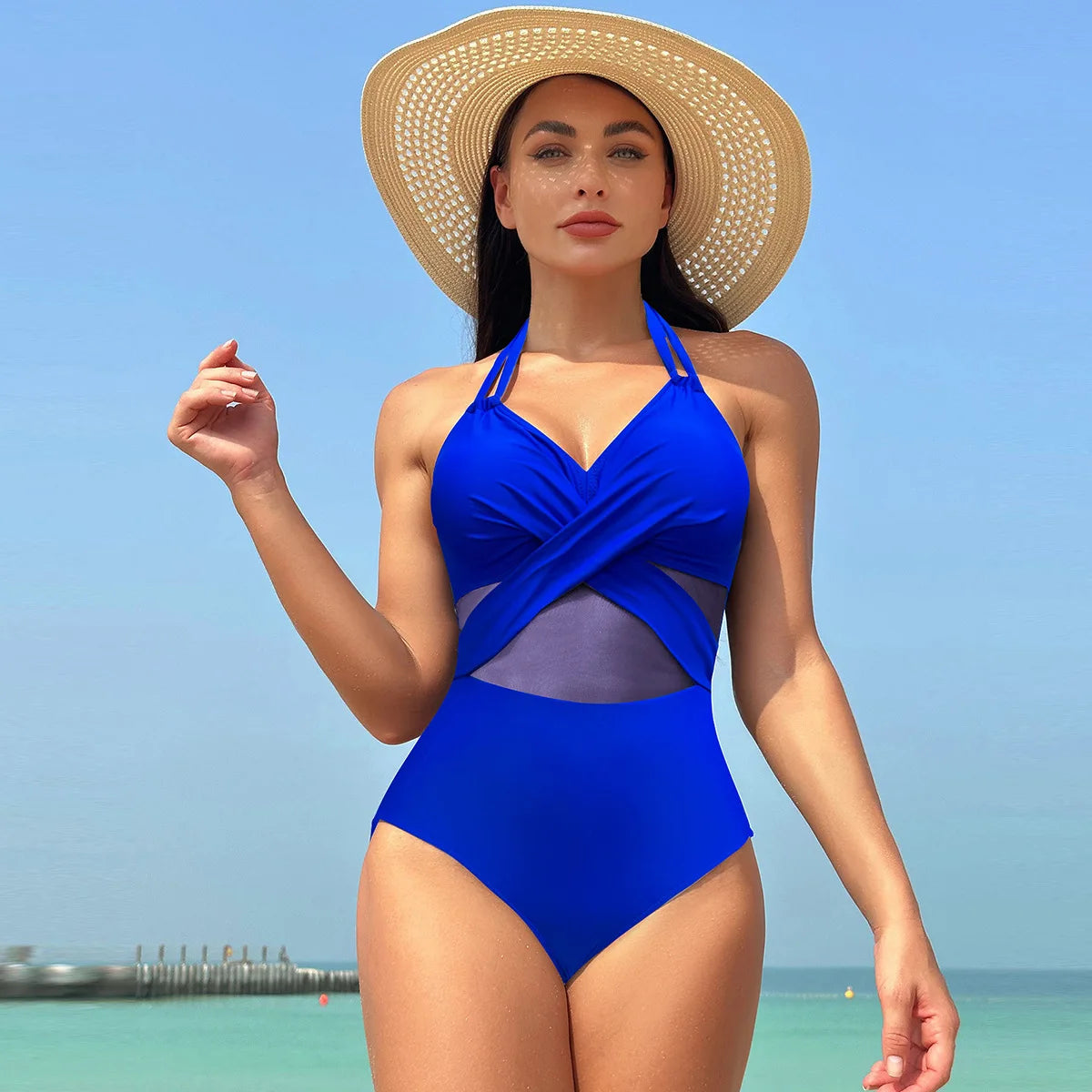 Sexy One Piece Swimsuit Women's Pure Color Mesh Bikini Swimsuit Summer New