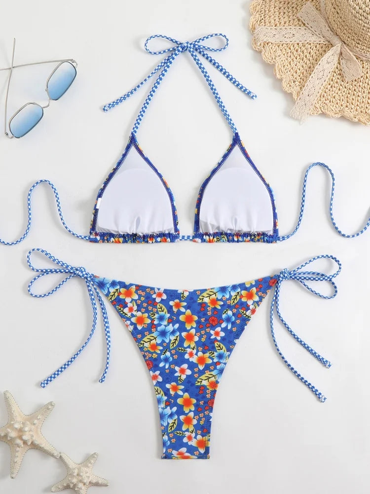 Bikini Women Swimsuit 2025 New Print Halter Bikinis Set Sexy Thong Swimwear Summer Two Piece Backless Beach Bathing Suit Female