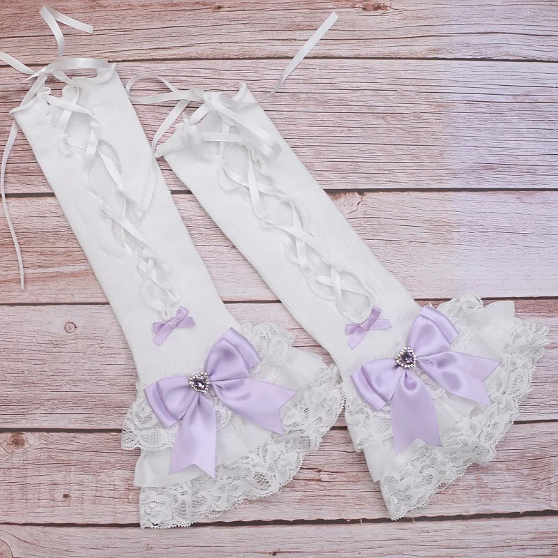 Handmade Sweet Women's Lolita Mine Lace Bow Rhinestone Oversleeves Girls Japanese Style Lace Sleeves Mittens