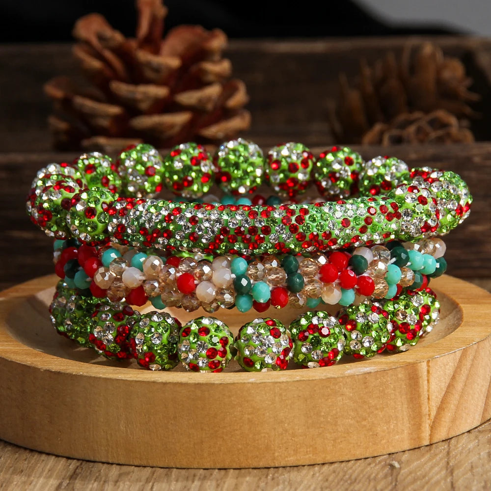 New American Independence Day 3pcs Stack Bracelet Set 10mm Red White Blue Mixed Rhinestone Ball Glass Beaded Elastic Bracelet