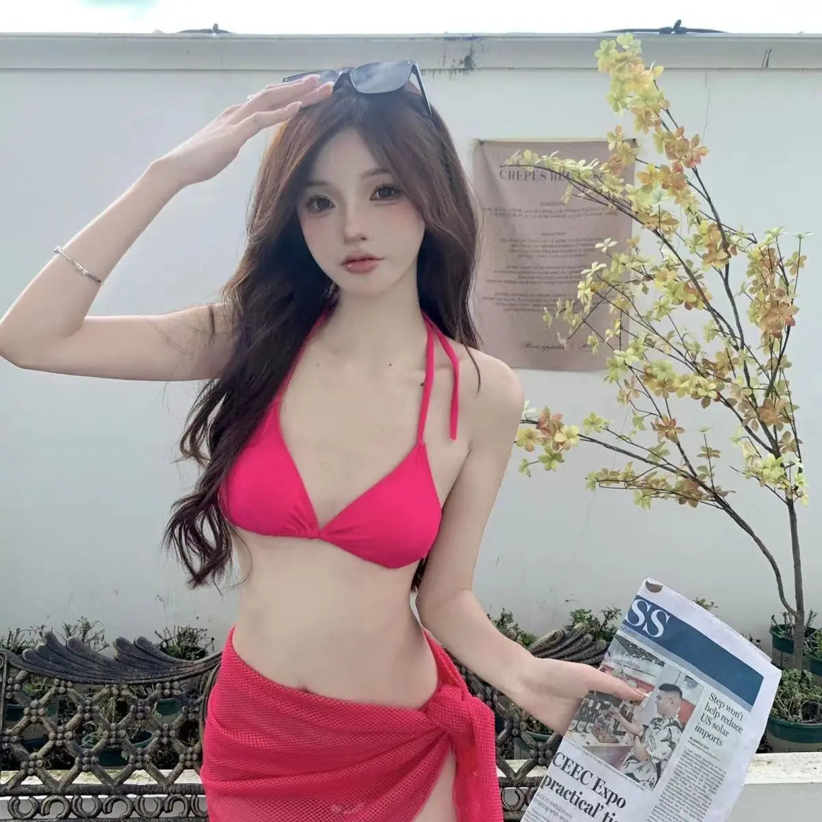 Sexy 4 Piece Lace Up Bikinis Set Women Swimsuit Solid Long Sleeve Cover Up with Skirt Swimwear New Push Up Bathing Suit Bikini