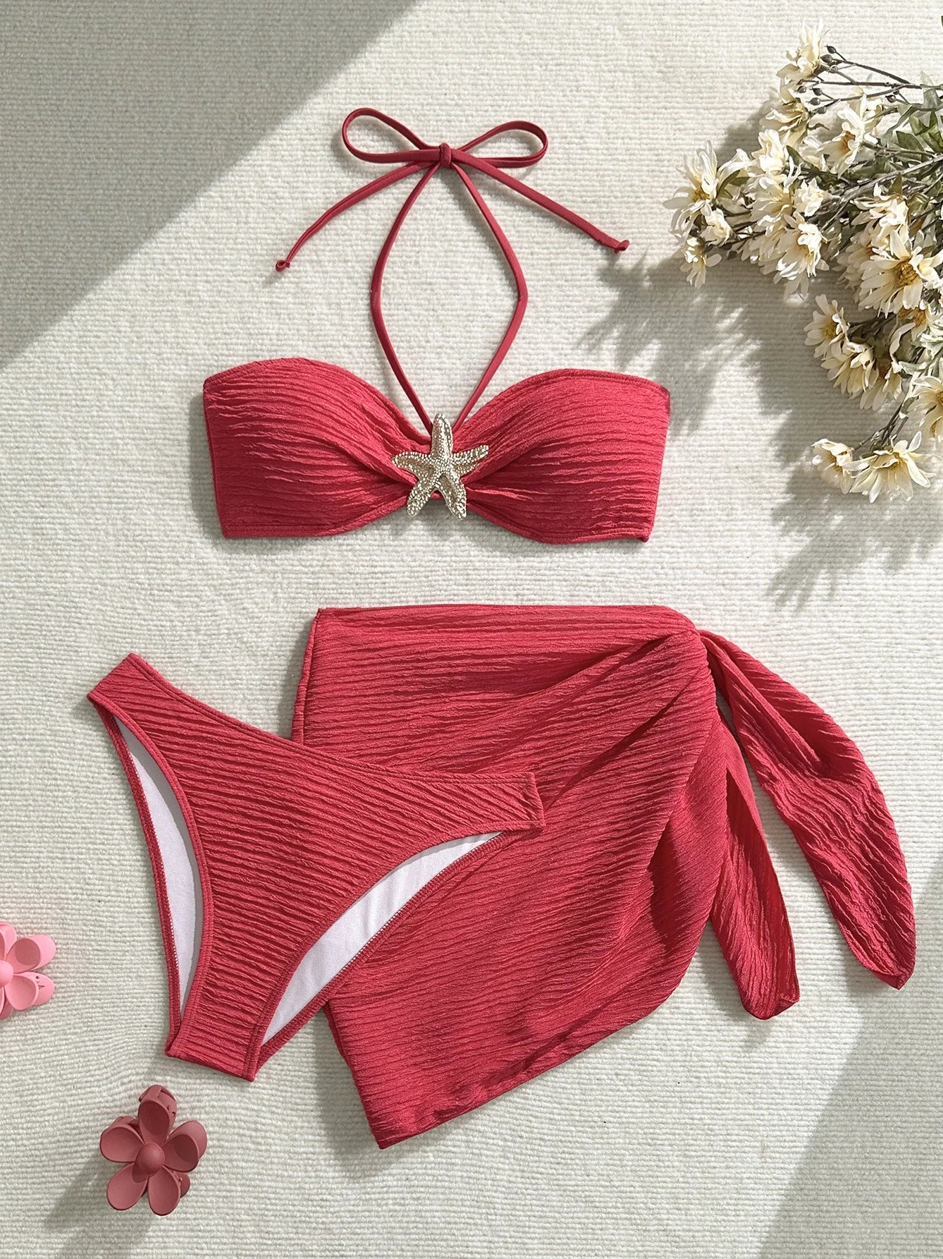 Sexy Metal Starfish Bikinis Set Women Brown Bandeau Push Up Mesh Skirt 3 Piece Swimsuit 2025 Beach Bathing Suit Holiday Swimwear