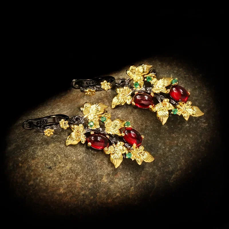New Elegant Black Gold Ruby Pendant Flower Leaf 925 Silver Earrings Crystal Gemstone Ladies Jewelry Earrings Silver 925 Jewelry