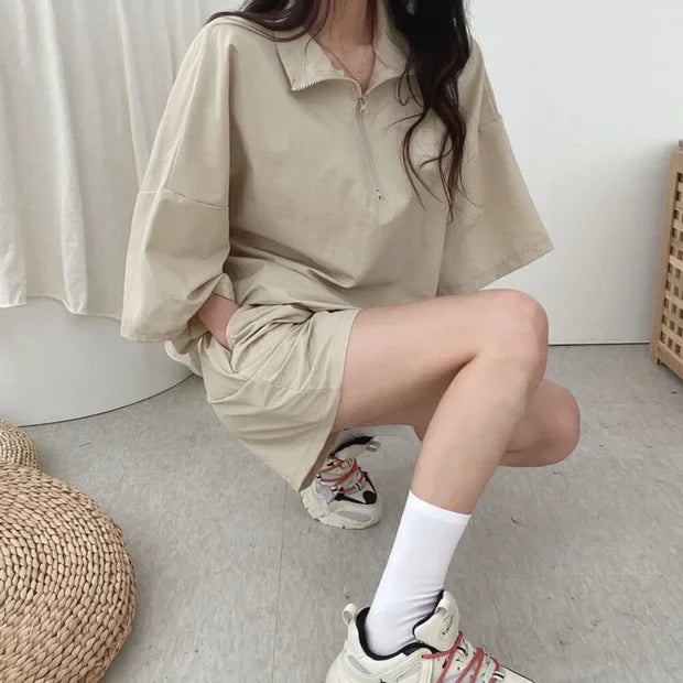 Korean Style Women's Summer Casual Sports Sun Protection Suit Two-Piece Set Workwear Jacket Shorts Polyester Fiber